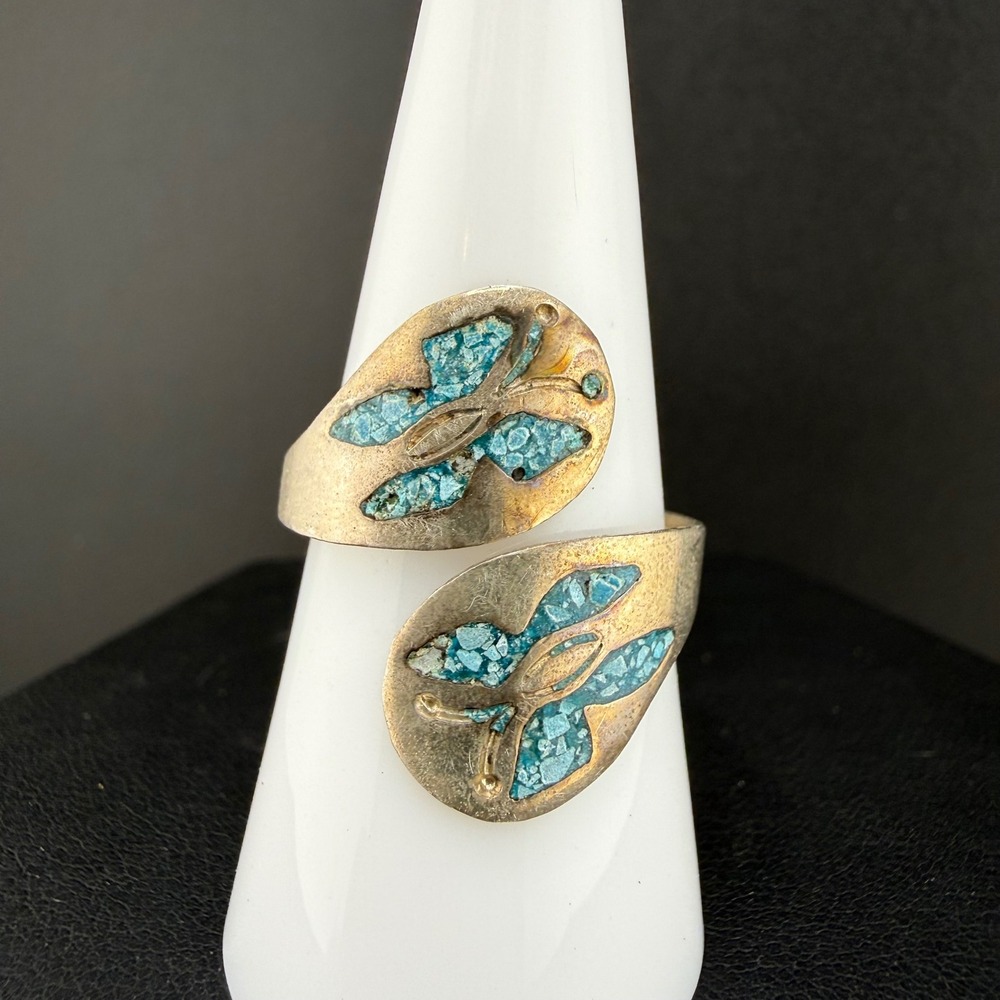 Vintage Taxco Sterling Silver Ring Butterfly Blue Turquoise Chip Inlay 9 - Picture 1 of 10